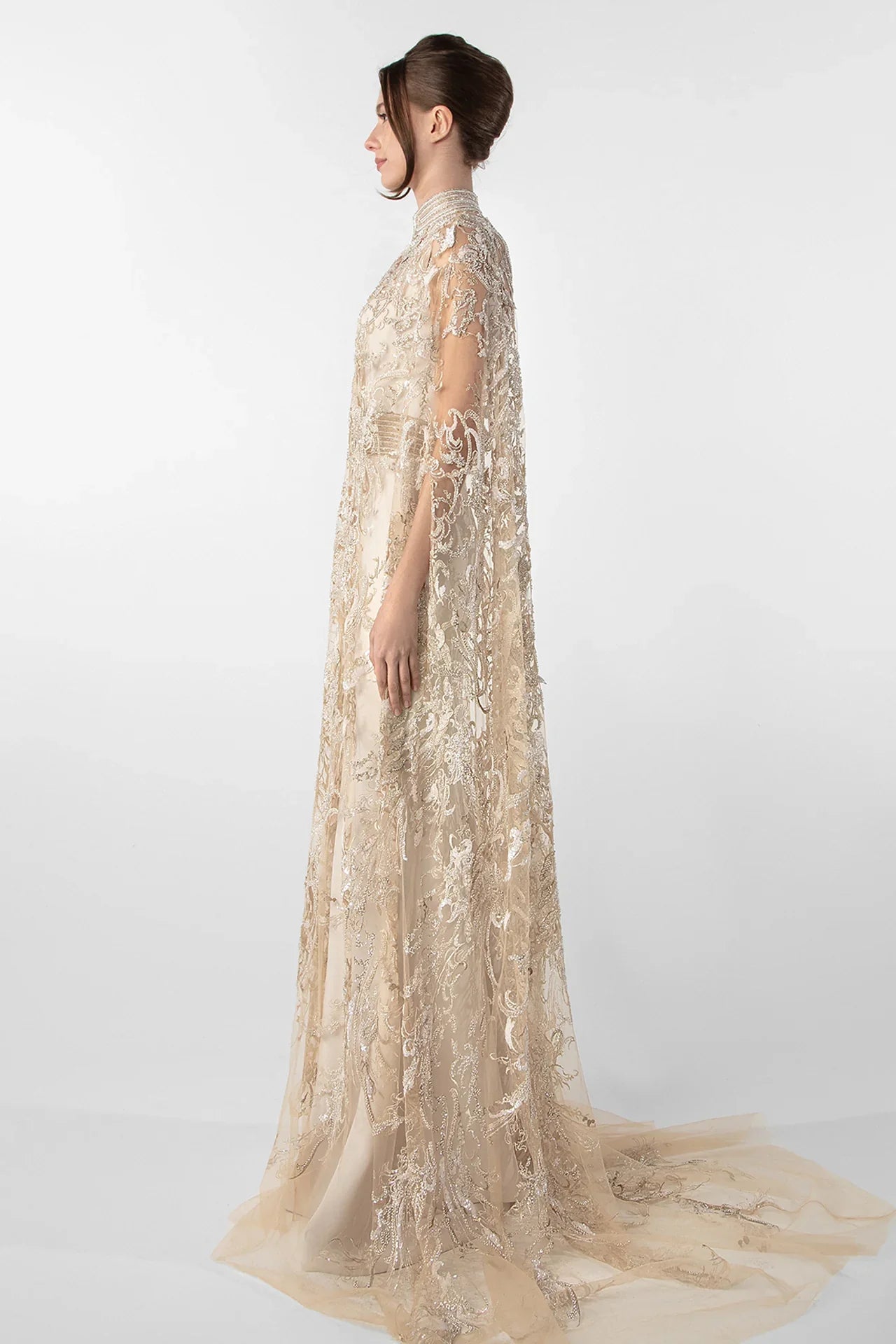 Crepe Dress with Embroidered Cape