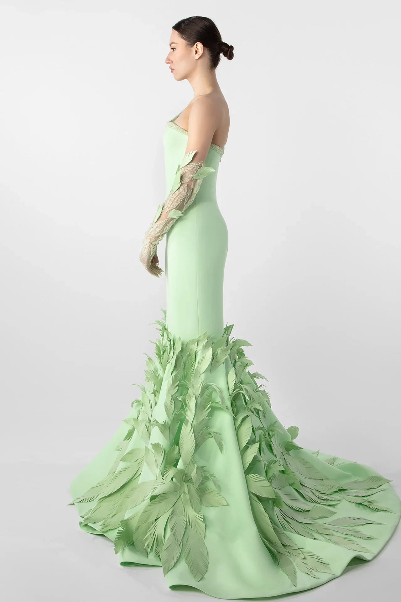 Light Mint Mermaid Gown with Laser-Cut Taffeta Feathers
