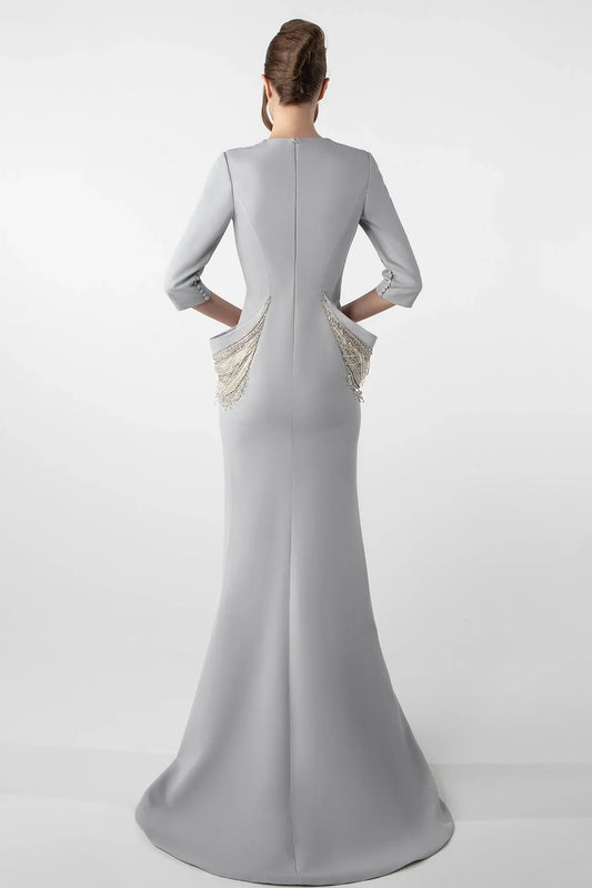 Structured Crepe Gown with Embroidered Accents