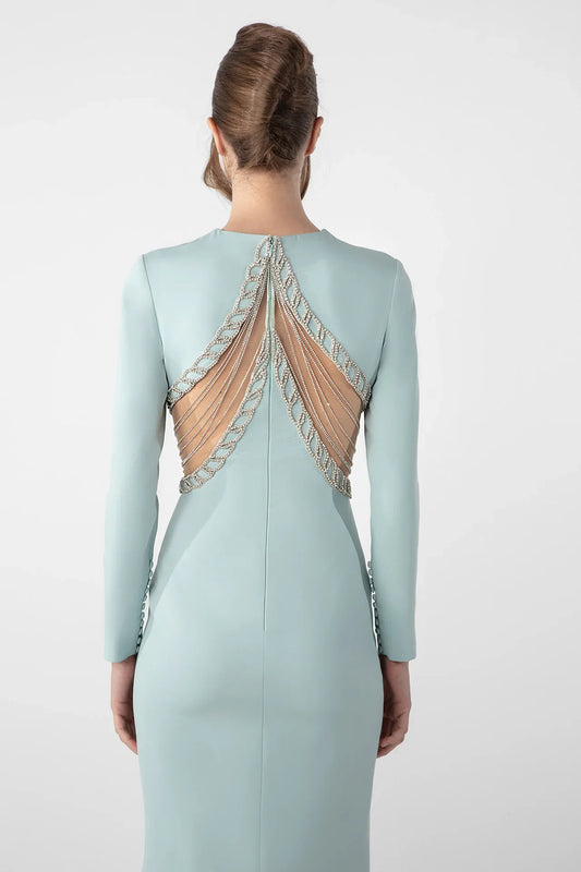 Fitted Crepe Dress with Crystal Chain Embroidery