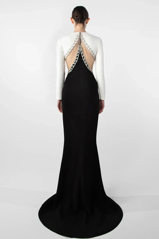 Elegant Crepe Gown with Embroidered Cutouts