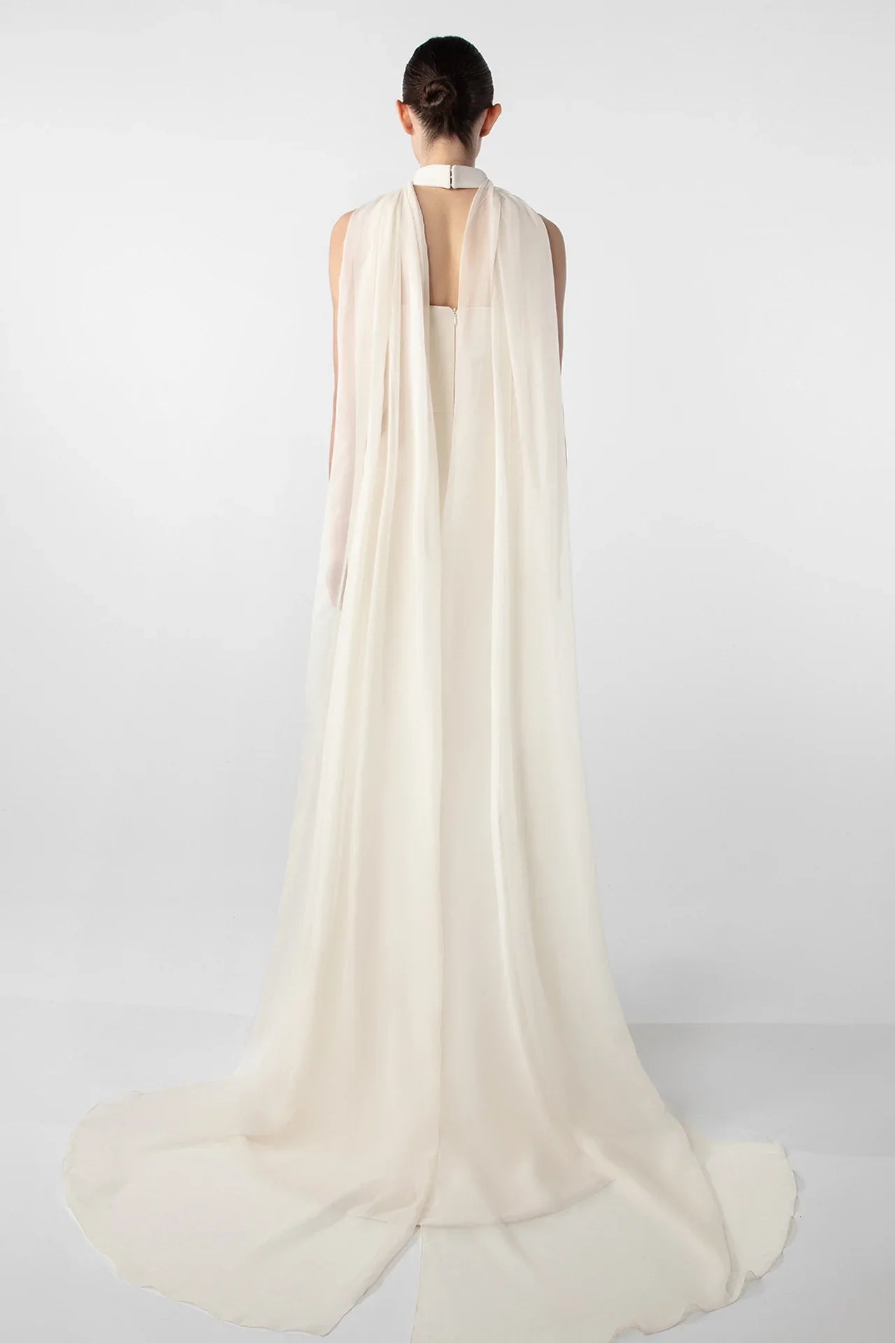 Asymmetrical Dress with Gold Accents and Chiffon Cape