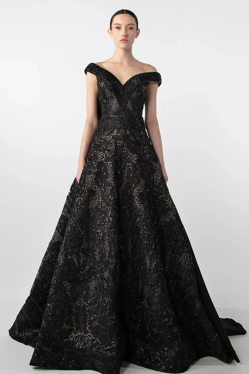 V-Neck Gown with Embroidered Bodice and Oversized Bow