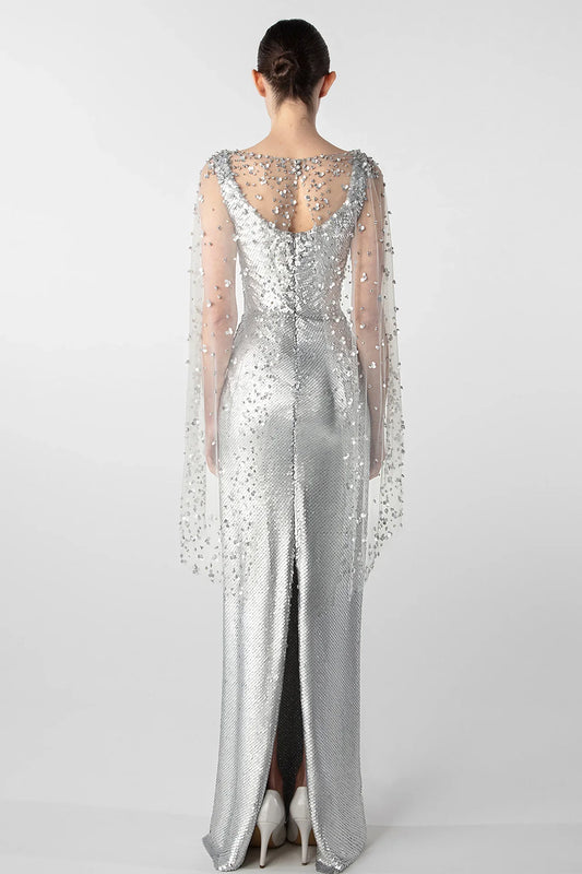 Crystal Embellished Column Dress with Tulle Cape