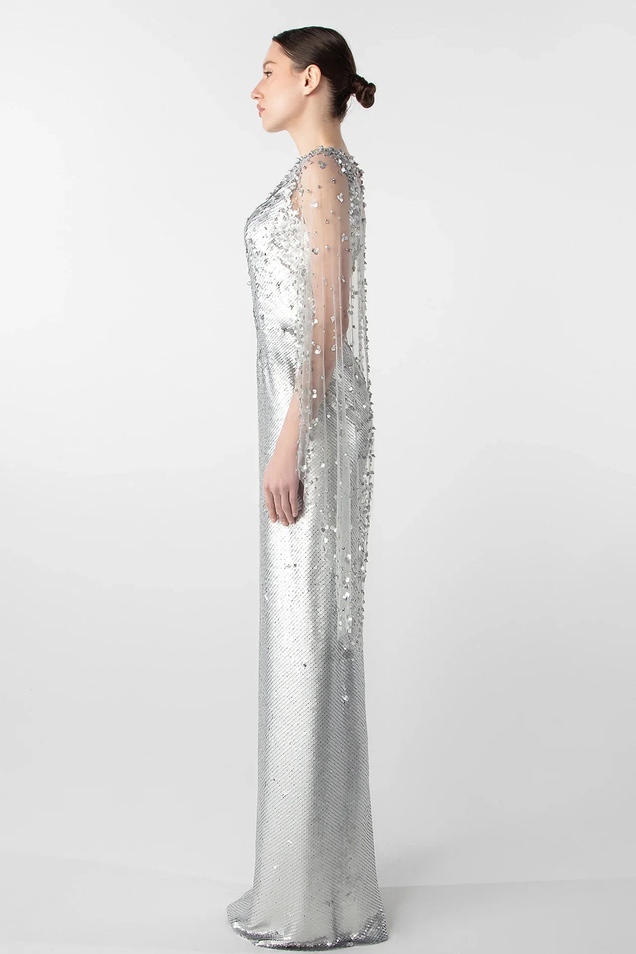 Crystal Embellished Column Dress with Tulle Cape