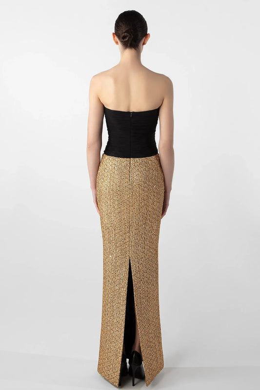 Strapless Draped Chiffon and Tweed Column Dress