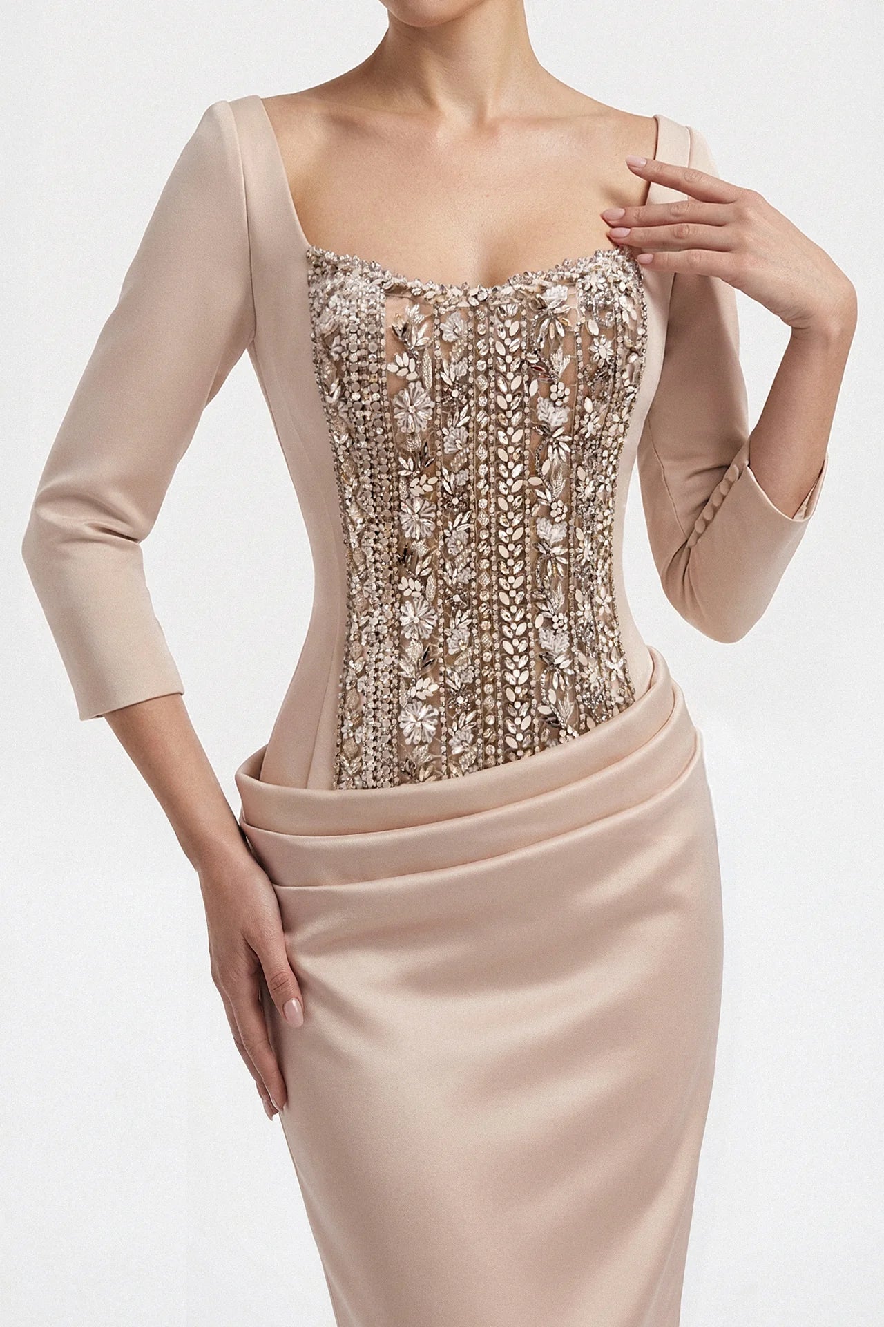 Crepe Gown with Swarovski Embroidered Bodice