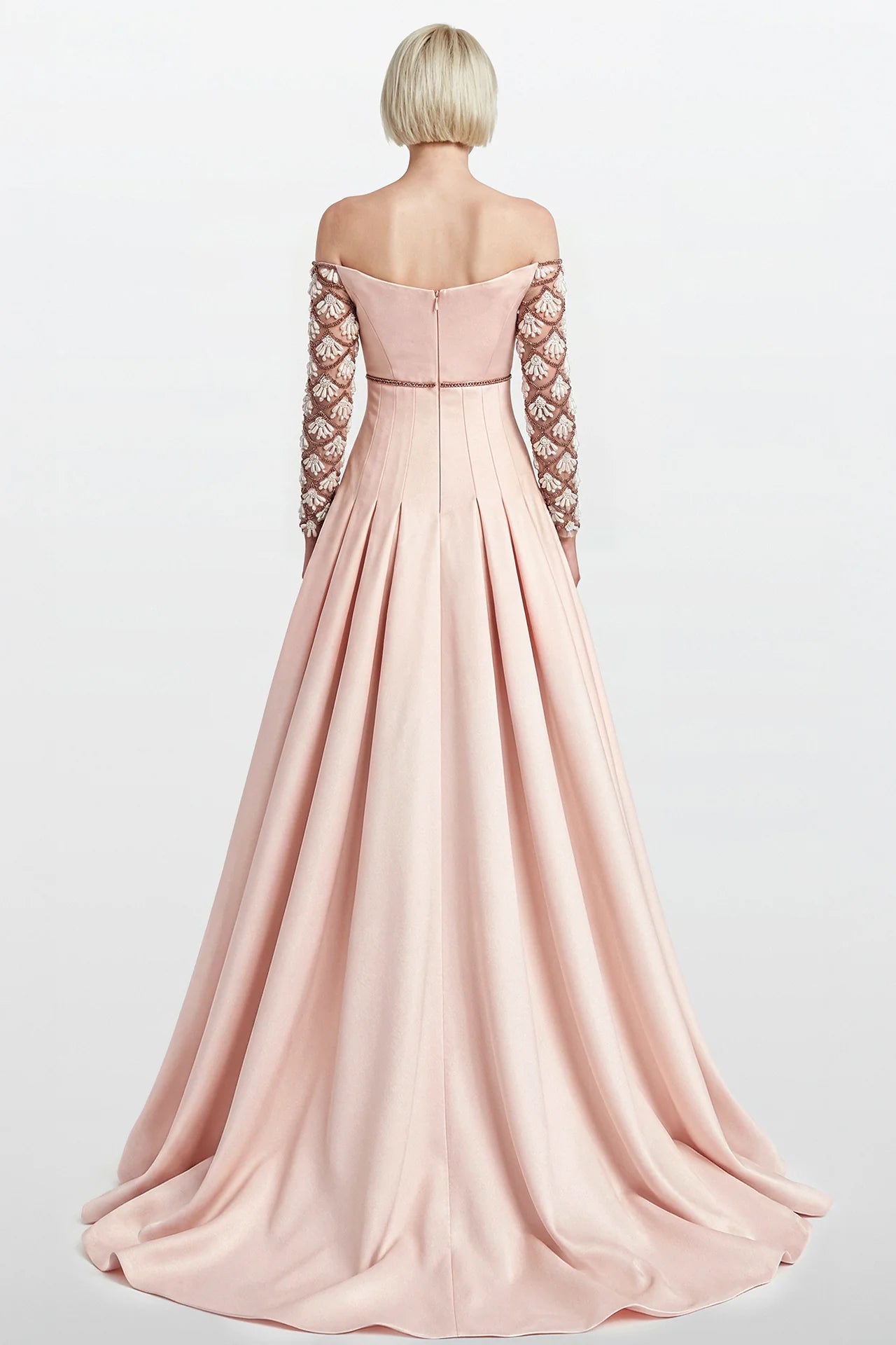Off-Shoulder Crepe Gown with Embroidered Sleeves