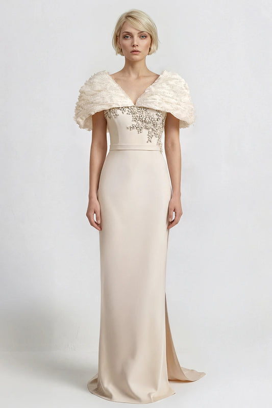 Embroidered Crepe Gown with Organza Cape