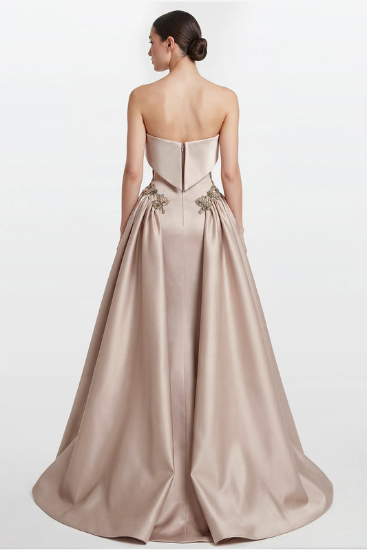 Strapless Embellished Satin Gown with Overskirt