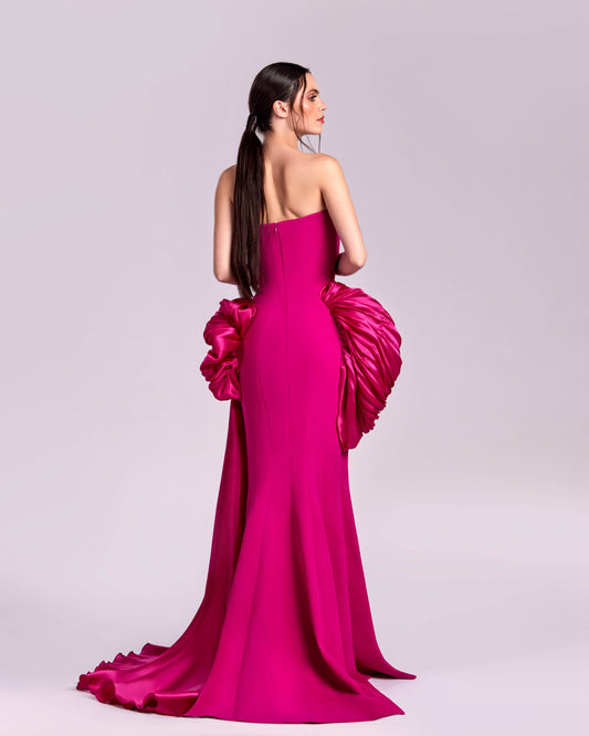 Vibrant Strapless Fuchsia Dress with Exquisite Draped Organza Accents
