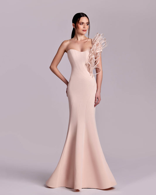 Mermaid Pink Nude Dress with 3D Ribbed One-Shoulder Cap Sleeve