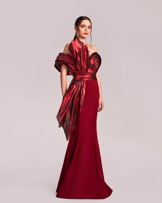 Burgundy Red Metallic Flared Mermaid Dress