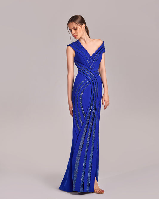 Royal Blue Asymmetrical Sparkling Evening Gown