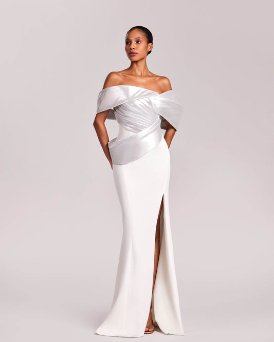 Off-Shoulder White Crepe and Silver Metallic Gown