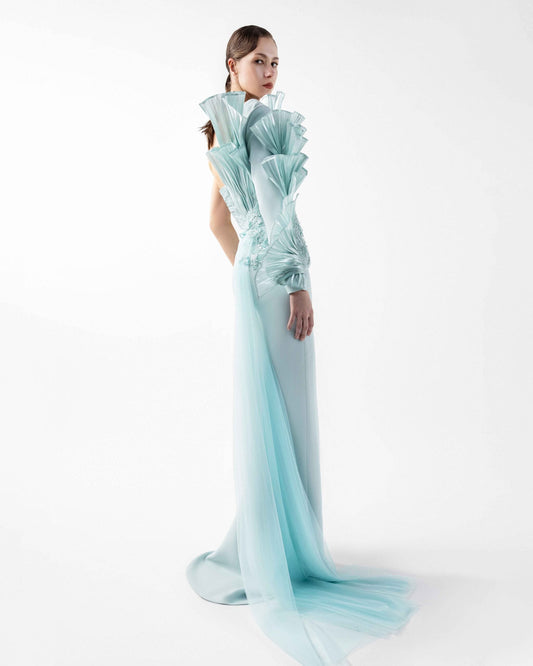 Ethereal Mint Metallic One-Shoulder, Embellished Evening Dress