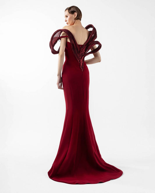 Sculptural Ribbed Lamé Organza Burgundy Mermaid Dress