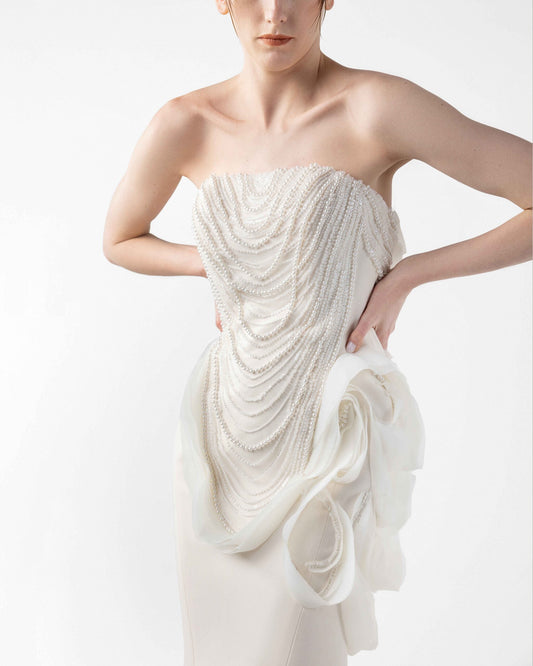Iridescent Pearl Mermaid Gown with Petal Accents