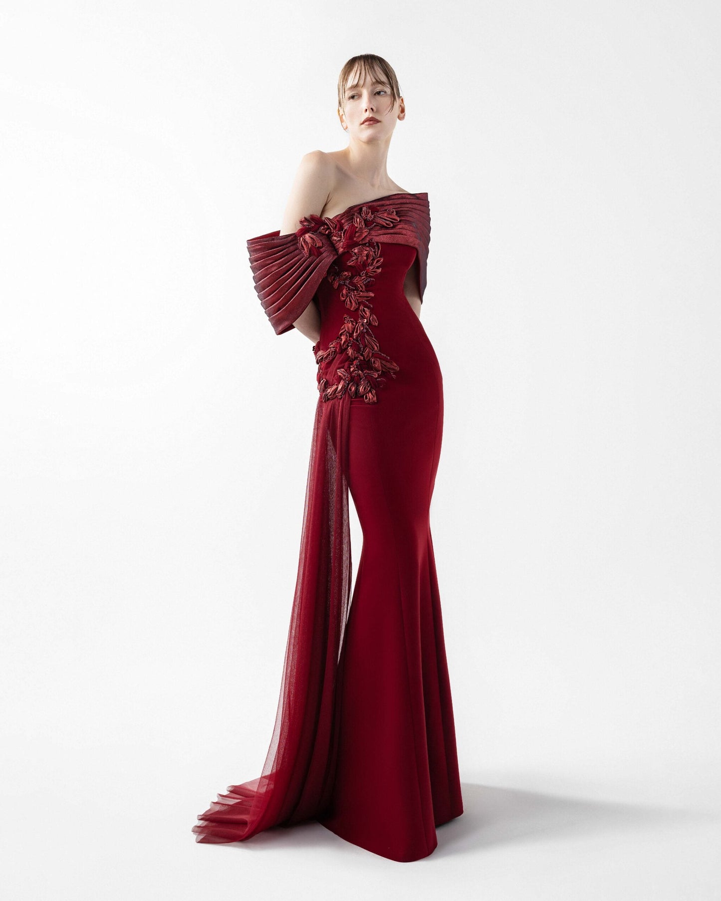 Grand Bordeaux Mermaid Gown with Embroidered Organza