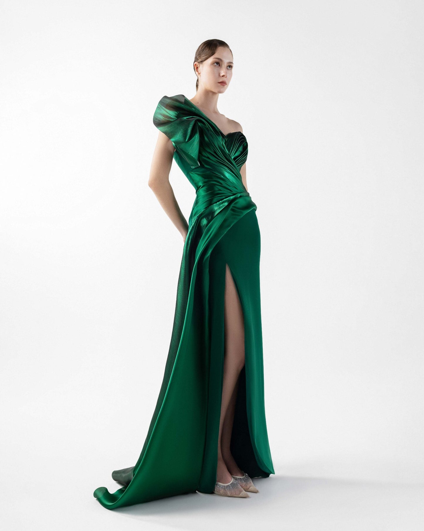 Pleated Metallic One-Shoulder Emerald Green Organza Beaded Gown