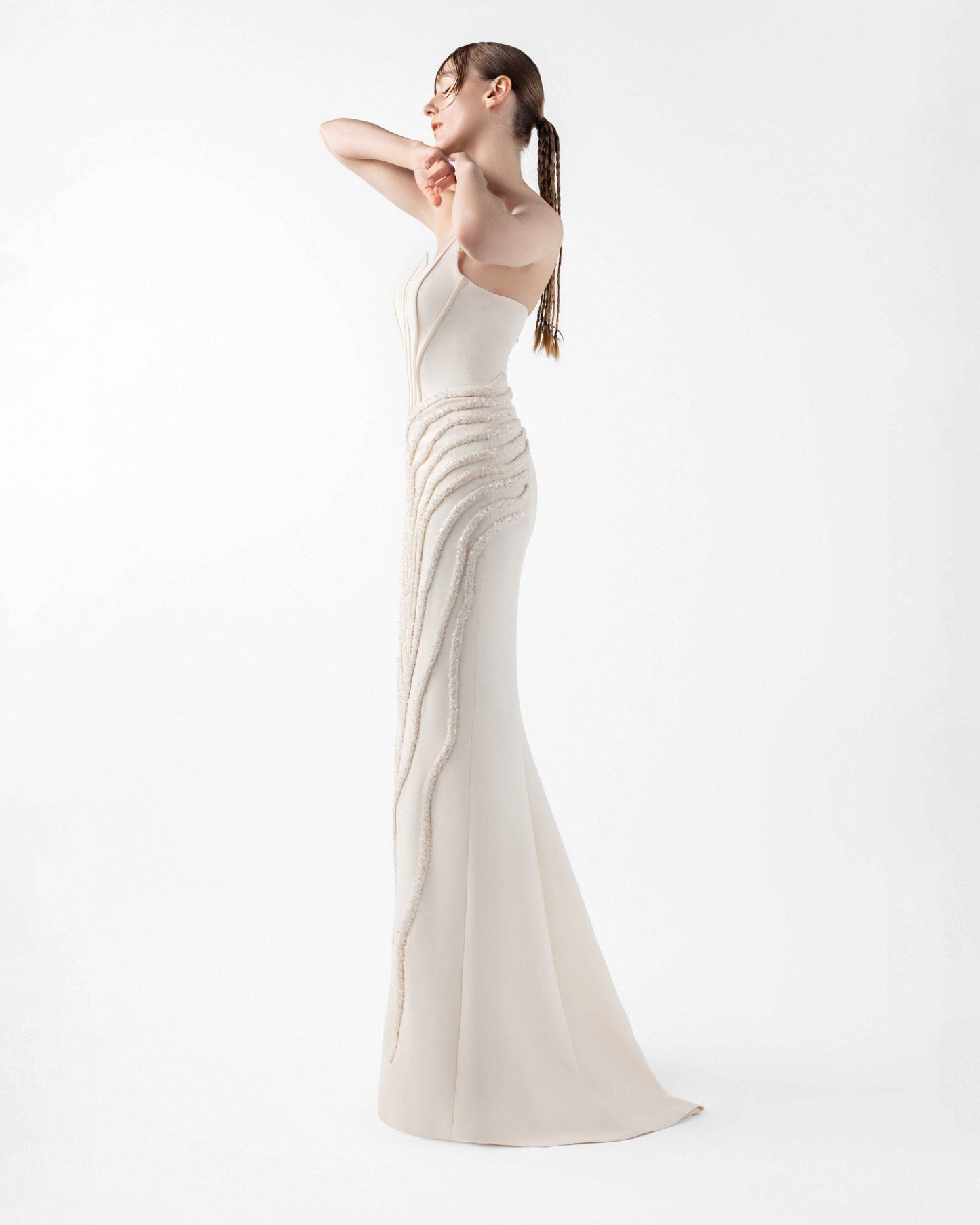 Cream Corset Crepe Gown With Ribbed Vein Beading