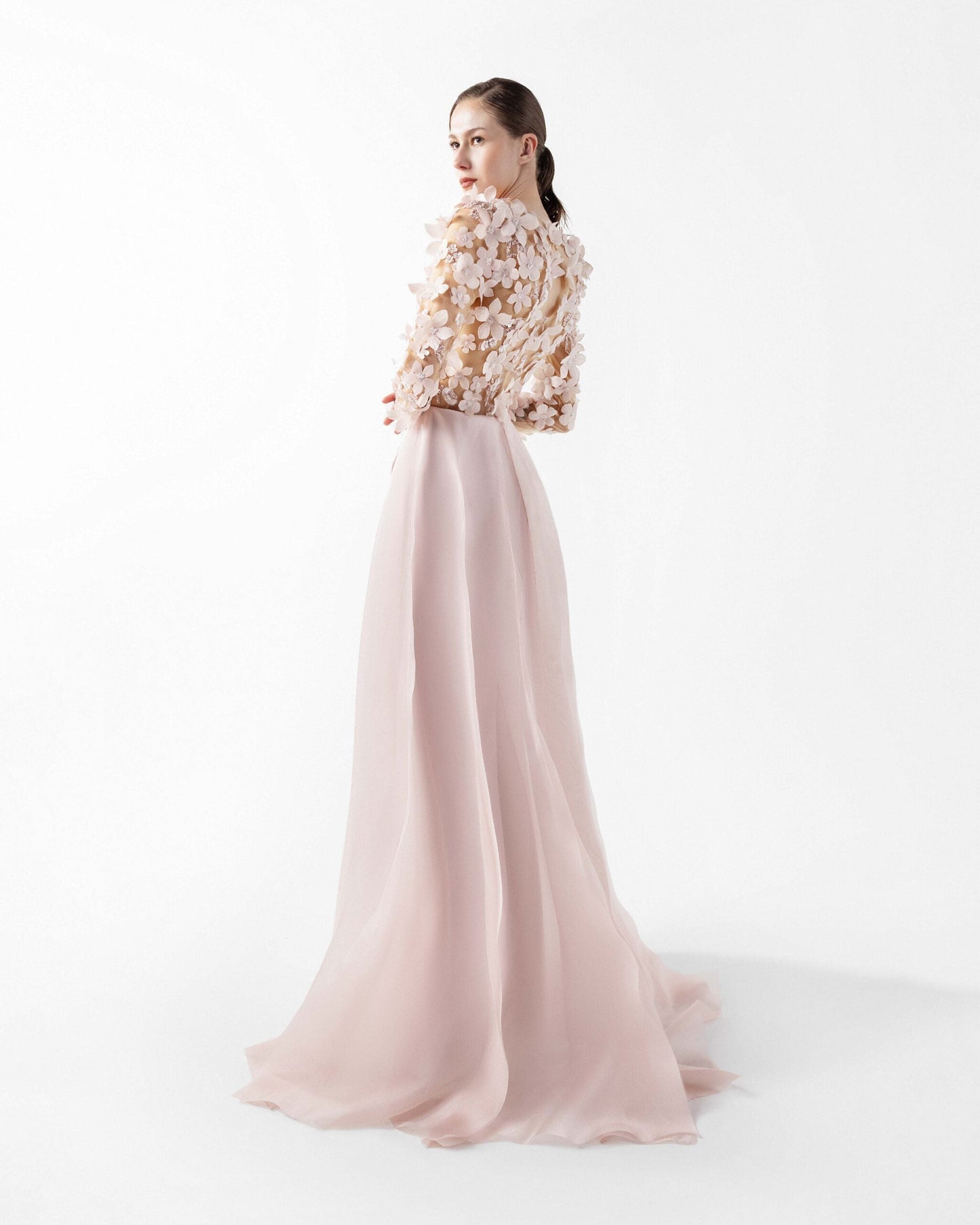 Ethereal Pink Floral Illusion Gown with Fluid Envelope Skirt