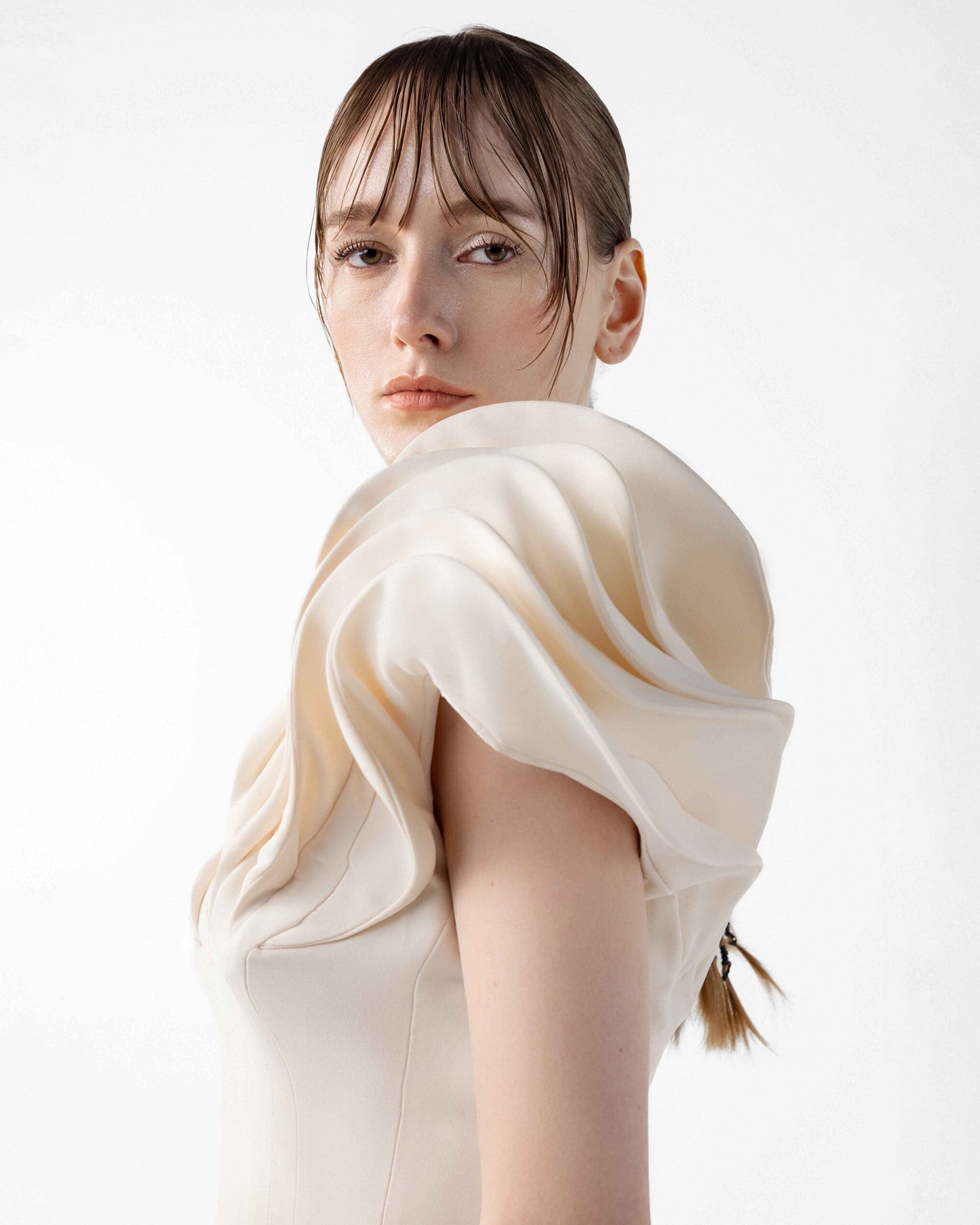 Cream Crepe Gown with Architectural Sleeves and Sculpted Lines