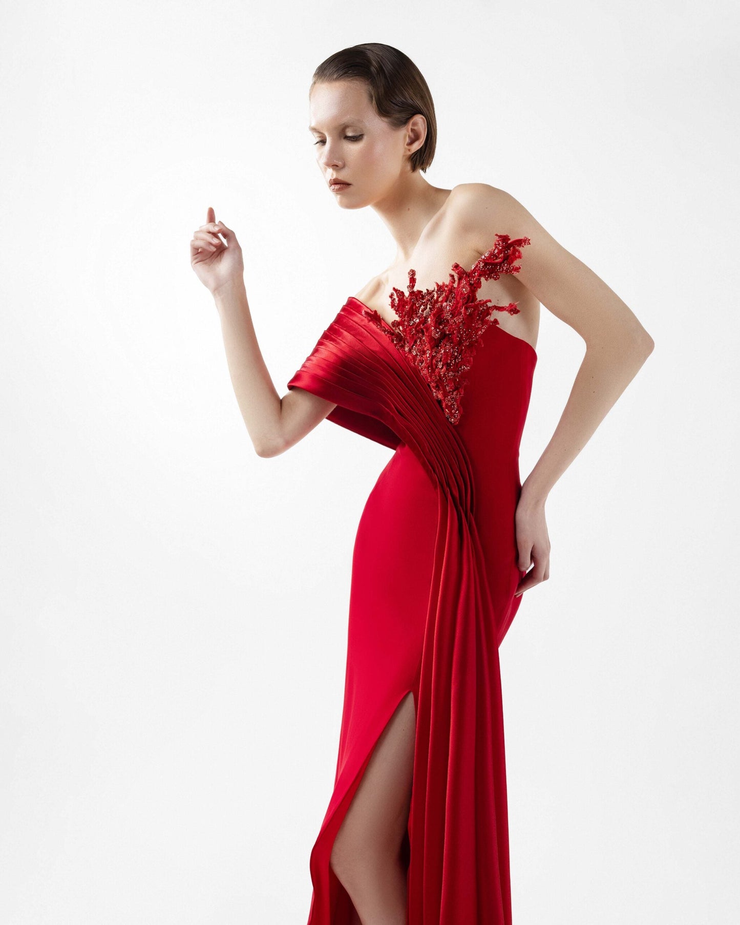 Crimson Gown with Sculpted Organza Off-Shoulder and Beaded Flame Bloom