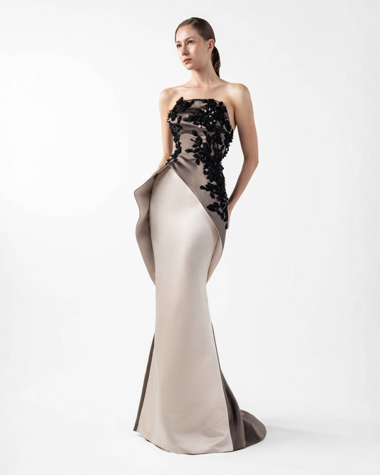 Dual-Tone Cream and Anthracite Gown with Dimensional Embroidery Overlay