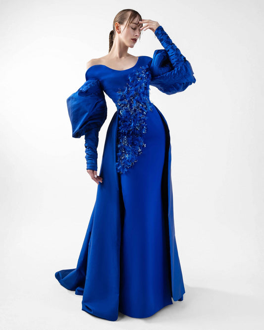Royal Blue Off-Shoulder Gown with Voluminous Sleeves and Textured Embroidery