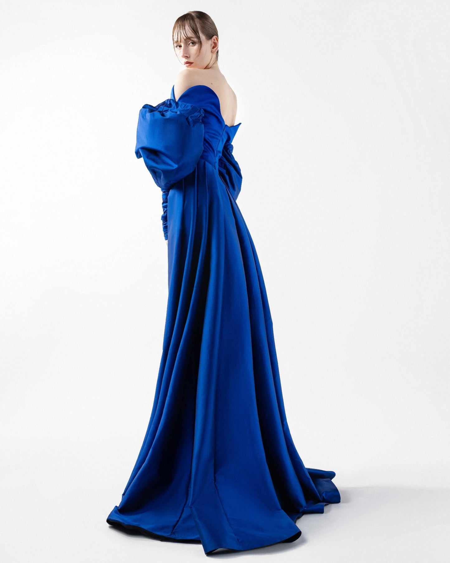 Royal Blue Off-Shoulder Gown with Voluminous Sleeves and Textured Embroidery