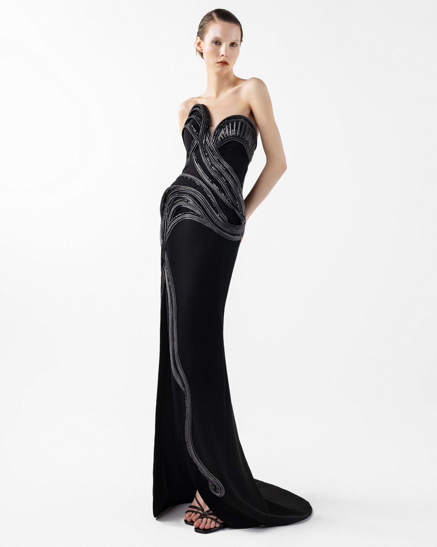 Strapless Asymmetrical Evening Gown with Anthracite Lamé Crystal Accents