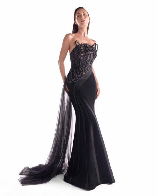 Artfully Corded Illusion Bodice Black Gown