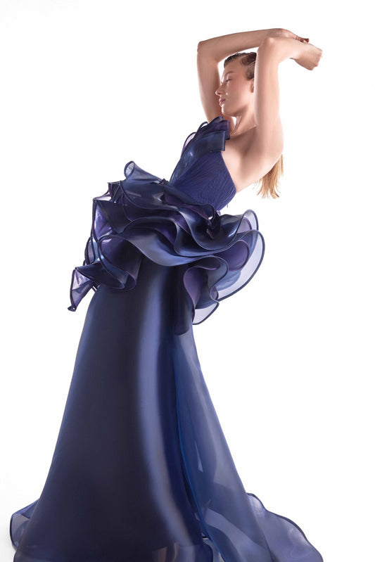 Midnight Bloom, Sculptural Purple and Navy Fluid Organza Gown