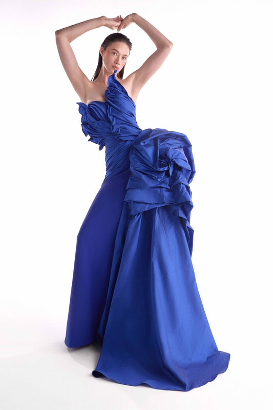 Cascading Sculptural Taffeta Gown, Ruched Royal Blue bodice