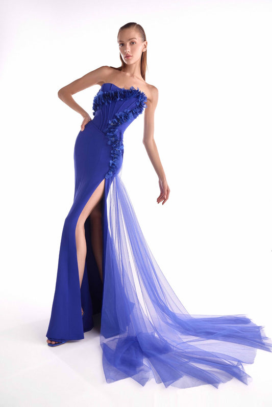 Boned Royal Blue Floral Embellished Corset Gown