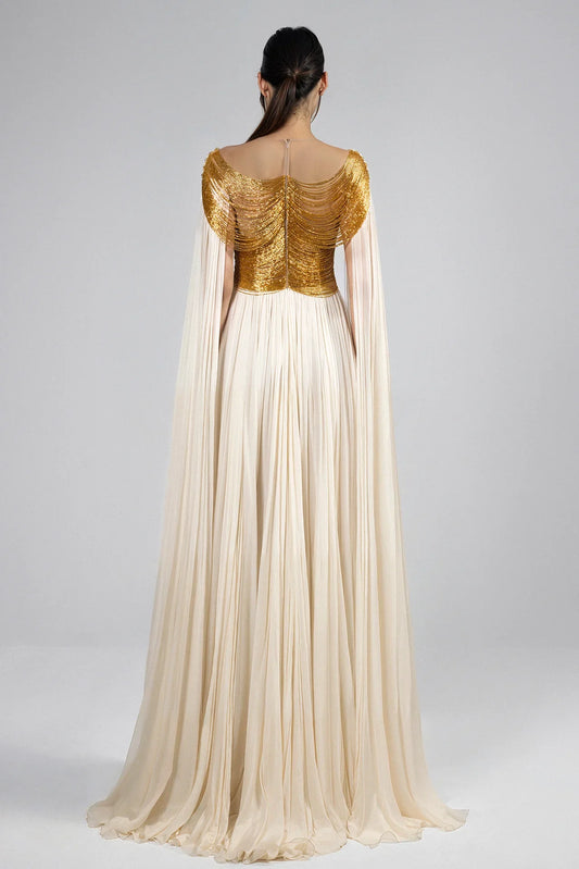 Embroidered Bodice Dress with Cape Sleeves
