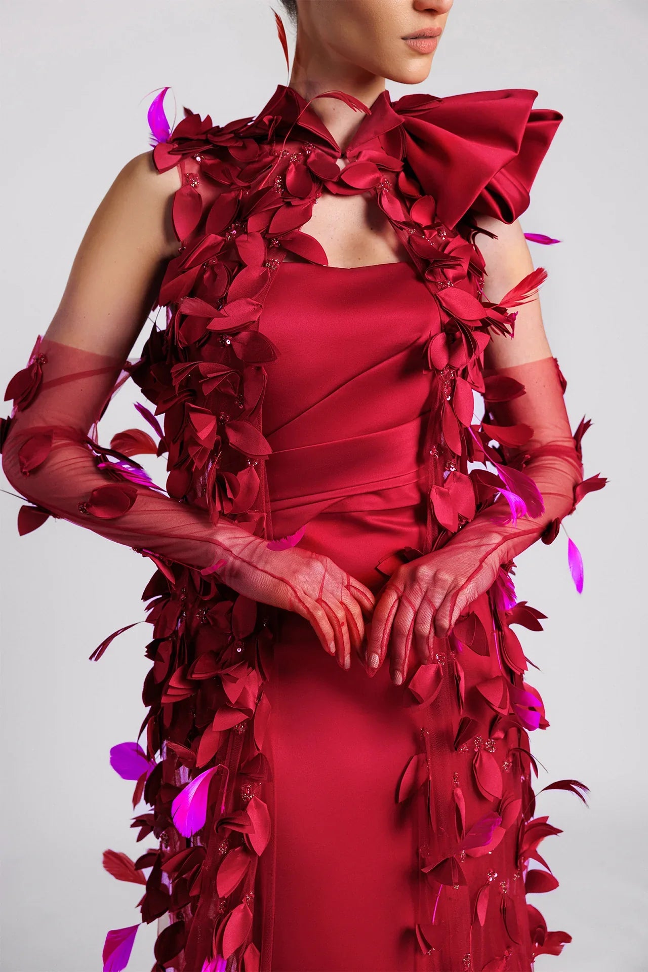 Strapless Mermaid Evening Dress with Draped Petal Kaftan and Tulle Gloves