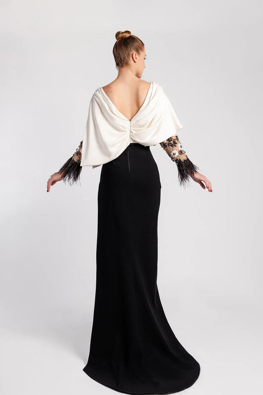 Mermaid Evening Dress with Draped Cape Bodice, Sheer Sleeves and Feathered Cuffs