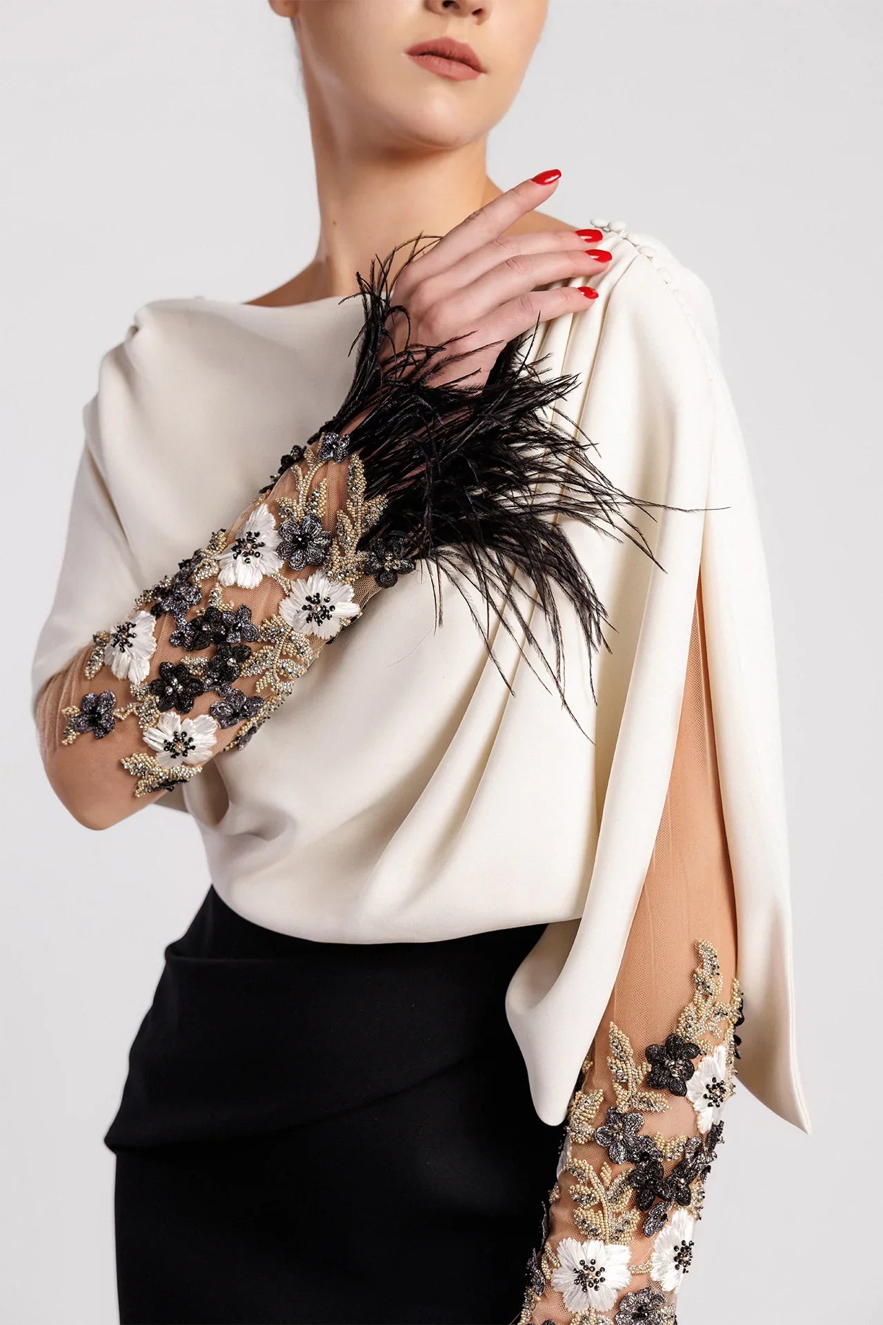Mermaid Evening Dress with Draped Cape Bodice, Sheer Sleeves and Feathered Cuffs