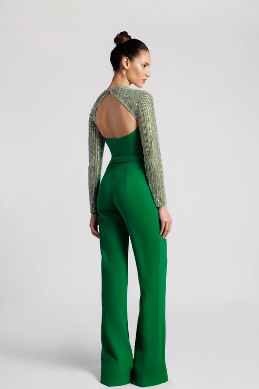 Embroidered Jumpsuit with Flared Pants and Semi-Open Back