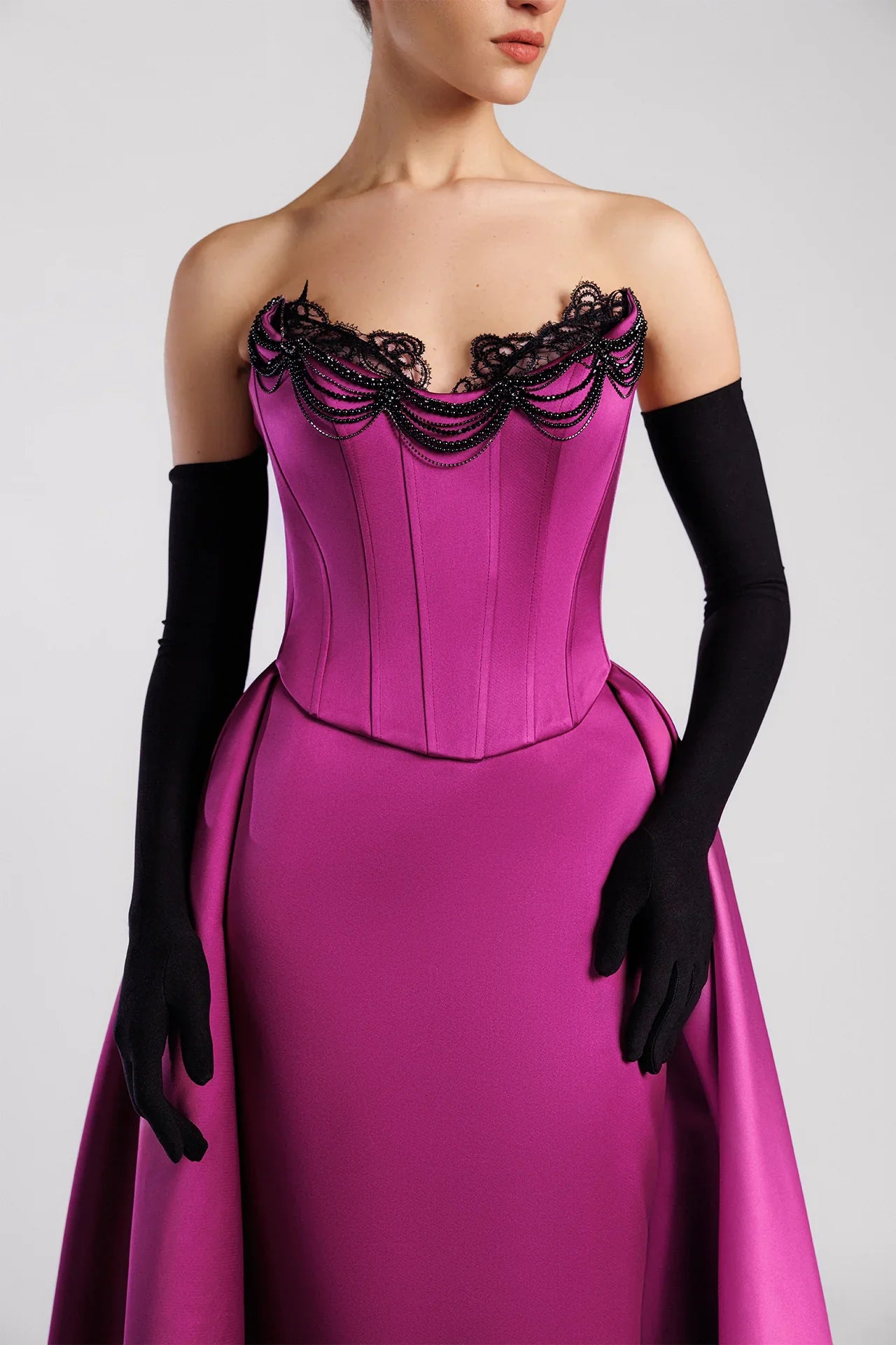 Corset Bodice Mermaid Evening Dress with Beaded Chains and Overskirt