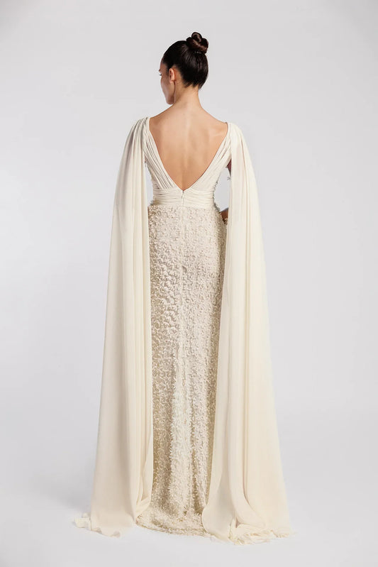 V-Neck Evening Dress with Cape Accents