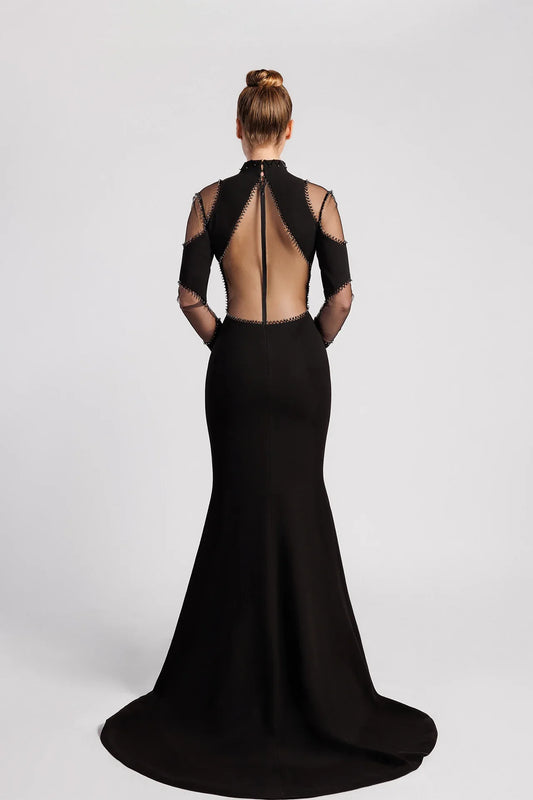 Mermaid Evening Dress with V Neckline and Button Details
