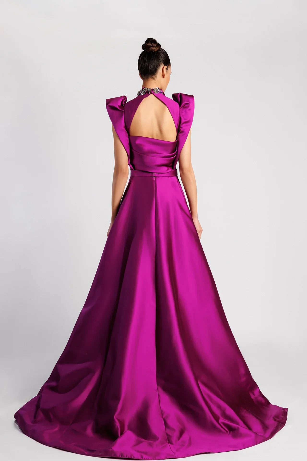Plunging V-Neck Evening Dress with Ruffled Sleeves and Overskirt