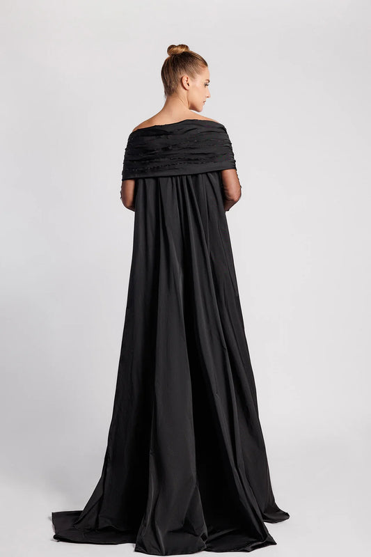 Off-the-Shoulder Evening Dress with Sequin-Embroidered Sleeves