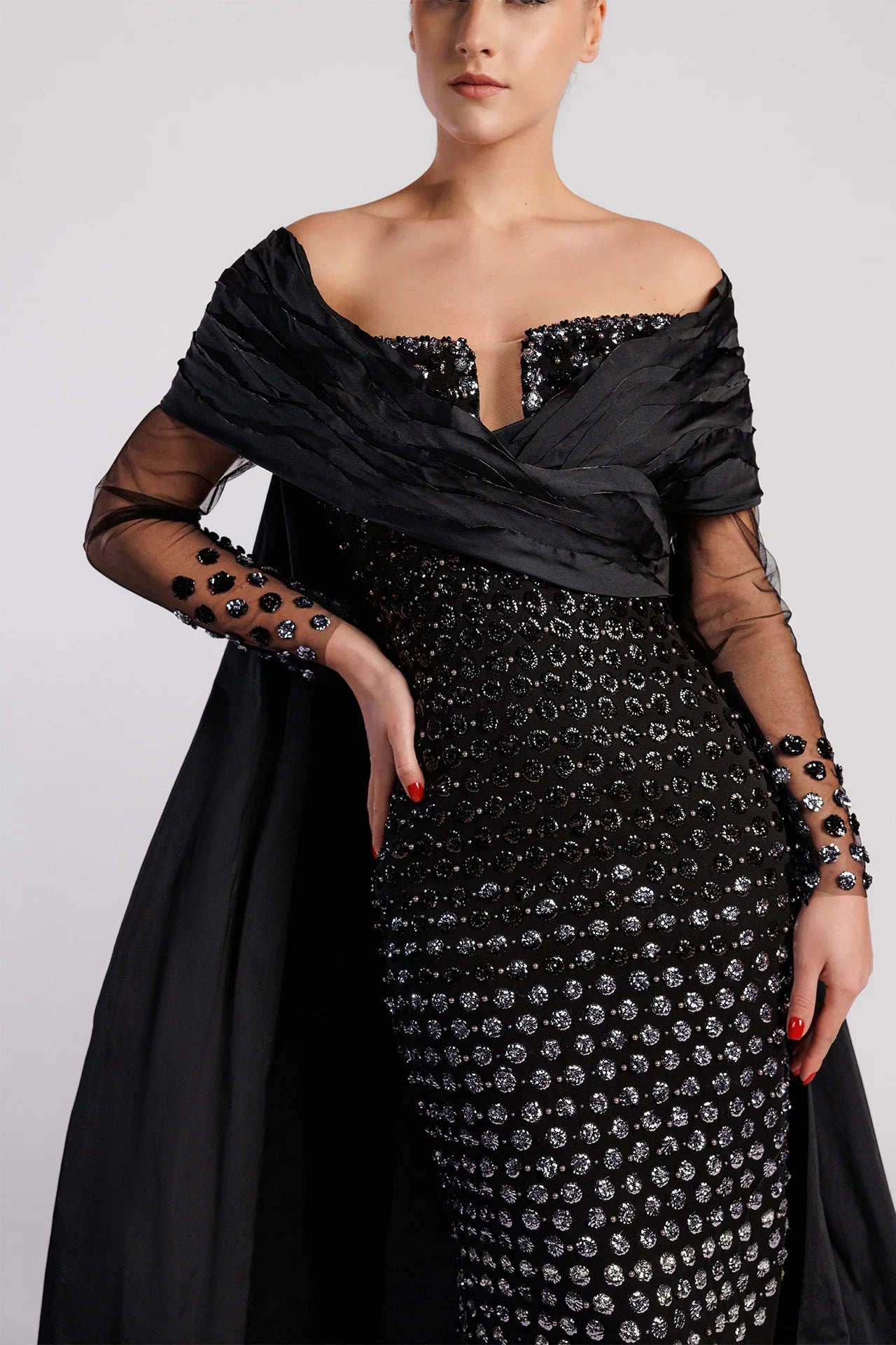 Off-the-Shoulder Evening Dress with Sequin-Embroidered Sleeves