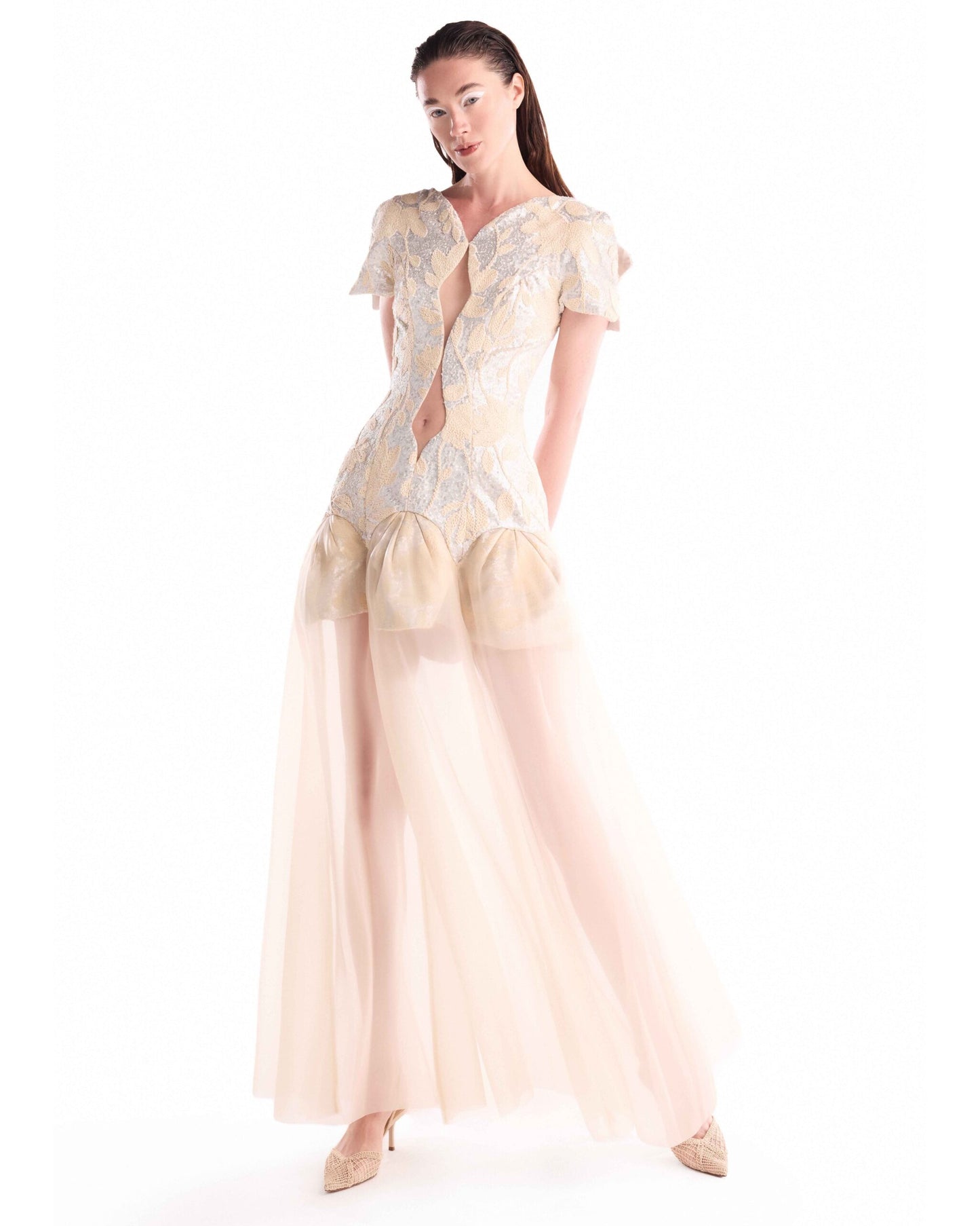 Cut-out Jacquard, Fluid Overskirt Dress