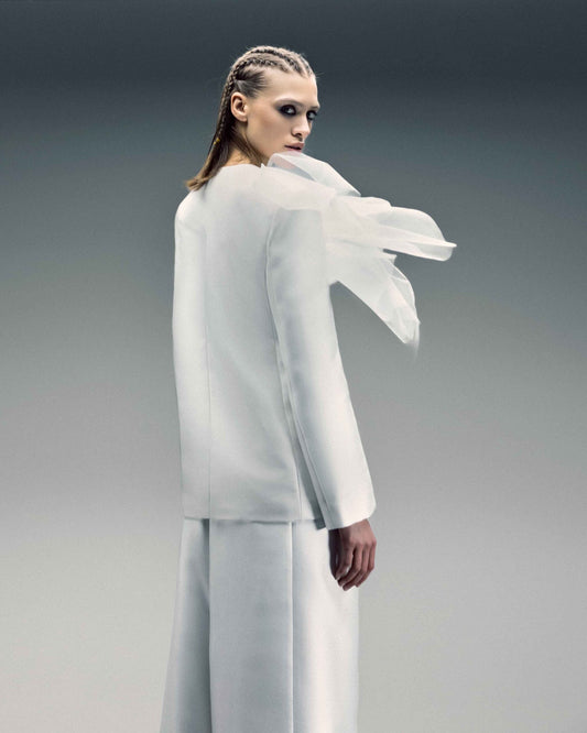 Asymmetric Tulle Burst Jacket in Mikado Piqué