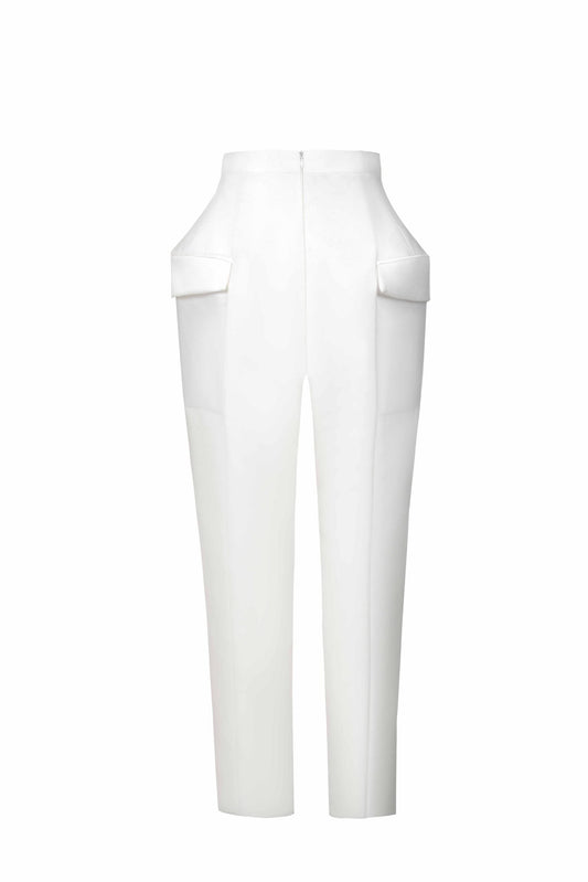 Cinched Ivory Crepe Pants with Structured Hips